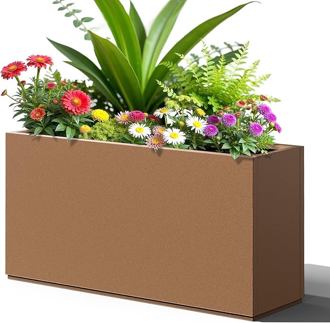 FENCY Metal Rectangular Planter Box, Large Planters for Outdoor Plants, Tall Planters for Outdoor Plants with Drainage Holes (32" L x 10" W x 16.3" H,Brown)-Ruum Studio Home