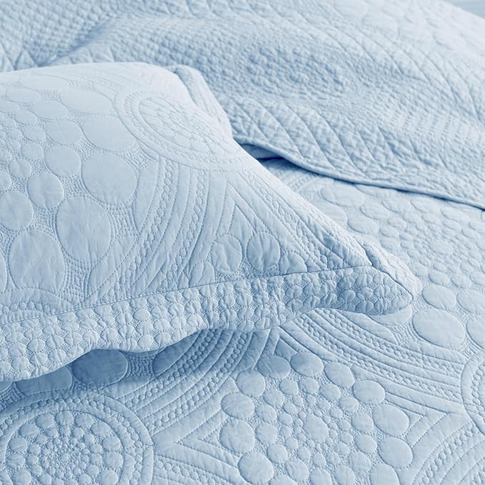 MarCielo 3-Piece 100% Cotton Oversized Bedspread Lightweight Quilt Coverlet Embroidery Farmhouse Bedding Set (Tf Light Blue, Oversized King (118"x106"))-Ruum Studio Home
