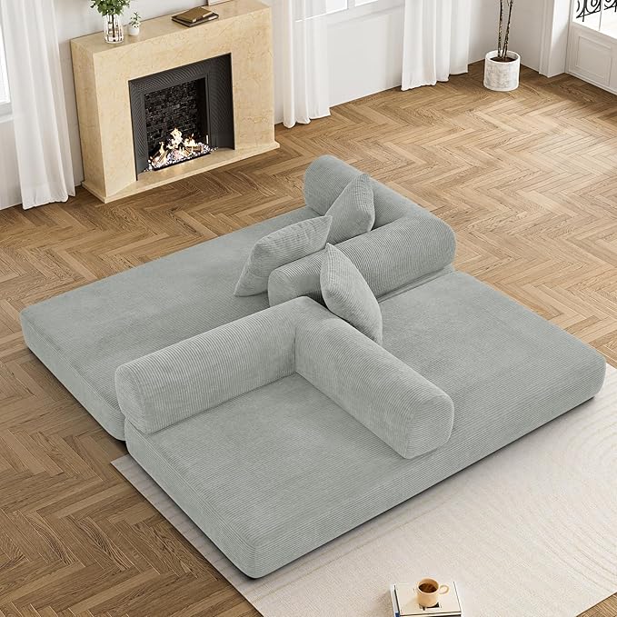 Convertible Sleeper Sofa Bed with Pillow, 4-in-1 Corduroy Folding Mattress Couch with Fixed-Shape Frame, Futon Fold Out Floor Sofa Cama Lounge Couch for Living Room Bedroom, Light Grey-Ruum Studio Home