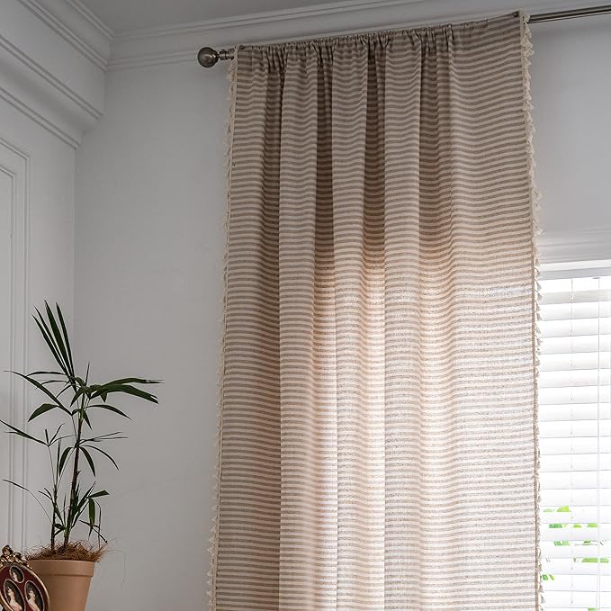 Sutuo Home Boho Curtain 84 Inches Length, Beige Stripes Print Curtain with Handmade Tassels, Rod Pocket Window Treatment Vintage Rustic Bohemian Farmhouse Drape for Bedroom 1 Panel 59" W x 84" L-Ruum Studio Home