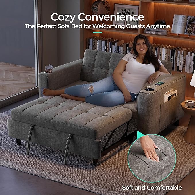LINSY 3-in-1 Convertible Sofa Bed, 54" Pull Out Sleeper Sofa with Charging Station & Cup Holder, Small Folding Loveseat with Side Pocket for Small Space, Corduroy Couch, Gray-Ruum Studio Home
