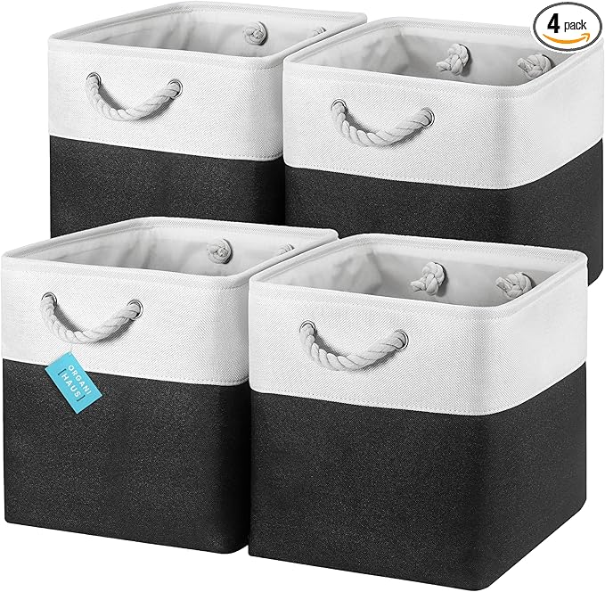 OrganiHaus 13x13 Cube Storage Bins 4 Pack, Foldable Cube Storage Organizer w/ Rope Handles, Collapsible Fabric Bins for Toys, Clothes & Closet Organization, Fabric Square Baskets - Black/White-Ruum Studio Home