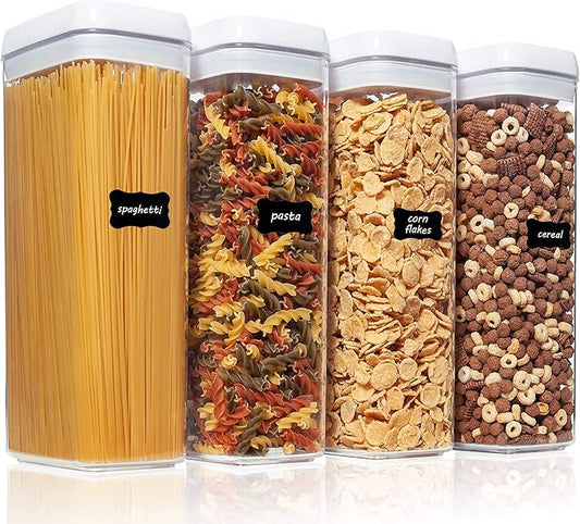 Airtight Food Storage Containers, Vtopmart 4 Pieces Large BPA Free Plastic Spaghetti Containers with Easy Lock Lids, for Kitchen Pantry Organization and Storage, Include 24 Labels (White,-Ruum Studio Home