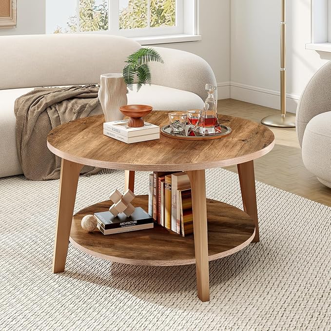 Sweetcrispy Round Coffee Table, 36'' Wood Coffee Tables for Living Room with Storage, 2-Tier Center Circle Counter with Wooded Desktop, 50 lbs Capacity, Anti-Slip Feet, Modern Farmhouse Design, Brown-Ruum Studio Home