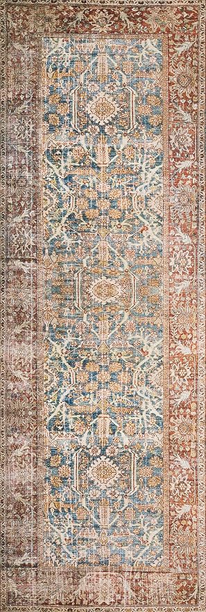 Loloi Layla Collection LAY-04 Ocean/Rust 2'-6" x 12'-0" .13" Thick Runner Rug, Soft, Durable, Vintage Inspired, Distressed, Low Pile, Non-Shedding, Easy Clean, Printed, Living Room Rug-Ruum Studio Home