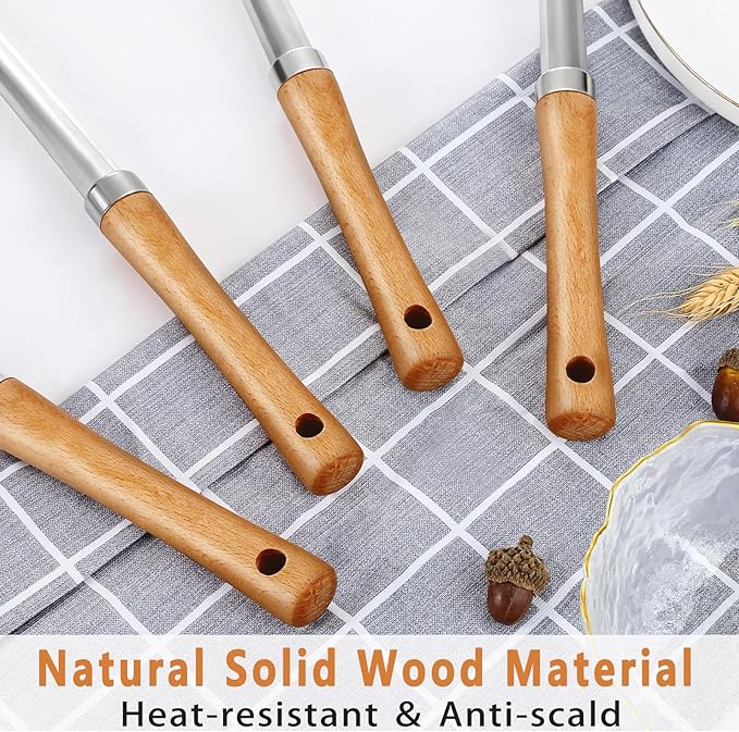 Pleafind 4-Pcs Cooking Utensils Set, Stainless Steel Kitchen Utensils with Wooden Hanlde, Kitchen Essentials Set Include Wok Ladle, Slotted Spoon, Wok Spatula and Slotted Spatula, Dishwasher Safe-Ruum Studio Home