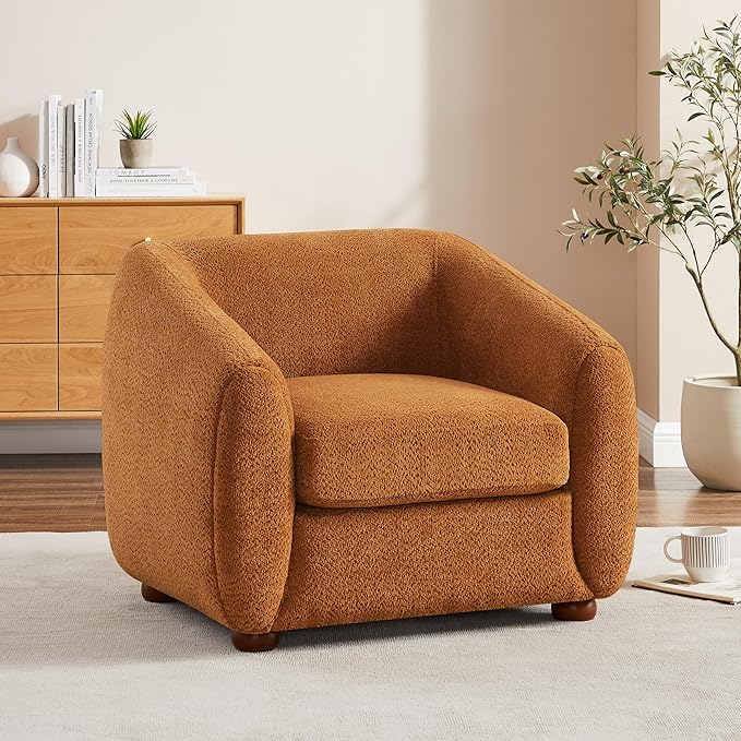 Modern Accent Chair for Living Room, Upholstered Armchair with Boucle Fabric, Single Sofa Chair with Solid Wood Legs, Boucle, Curry-Ruum Studio Home