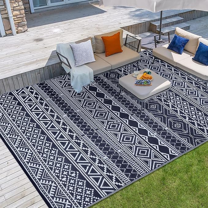GAOMON Outdoor Rug Waterproof 8'x10', Reversible Outdoor Plastic Straw Rug, Boho Patio Rug, Indoor Outdoor Carpet, RV Mat Outside for Patio, Camp, Picnic, Balcony, Deck, Dark Blue/White(Bohemia)-Ruum Studio Home