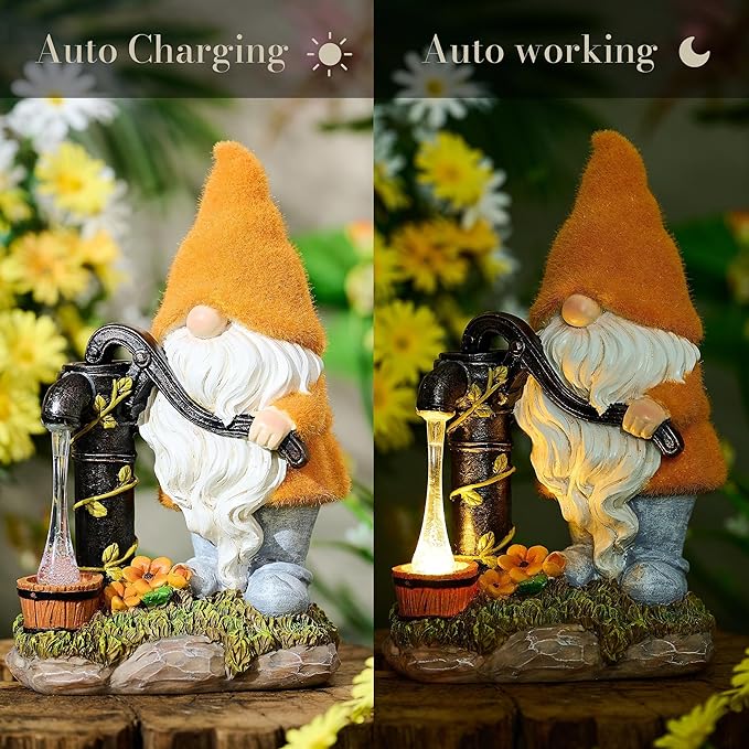 TERESA'S COLLECTIONS Fall Decor, Fall Gnomes Decor, Autumn Garden Gnomes Pumping Water with Solar Lights, Waterproof Resin Outdoor Fall Decor, Fall Gifts Outdoor/Indoor,9"-Ruum Studio Home