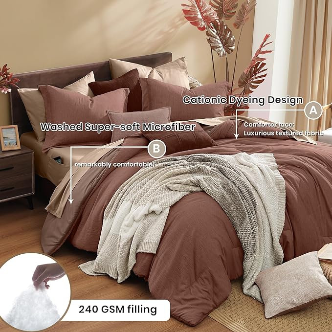 Monbix Full Size Comforter Set, Terracotta Bedding Comforter for Full Size Bed Set Reversible, Bedding Sets Full 7 Pieces, Cationic Dyeing Bed in a Bag with Comforter, Sheets, Pillowcases & Shams-Ruum Studio Home