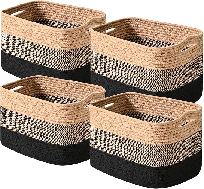 Storage Baskets for Shelves Organizing, Woven Cotton Rope Baskets for Storage, Book Basket, Towel Basket, 12.5"Lx9.1''Wx7.9''H (4 Packs) Gradient Black & Jute-Ruum Studio Home