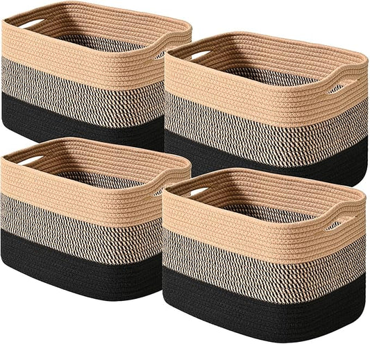 Storage Baskets for Shelves Organizing, Woven Cotton Rope Baskets for Storage, Book Basket, Towel Basket, 12.5"Lx9.1''Wx7.9''H (4 Packs) Gradient Black & Jute-Ruum Studio Home
