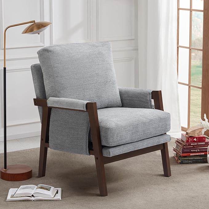 Modern Accent Chair for Living Room Mid Century Arm Chair Upholstered Bedroom Chair Comfy Lounge Chair with Solid Wood Frame, Grey-Ruum Studio Home