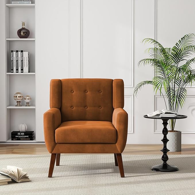 UIXE Accent Chair, Velvet Upholstered Armchair for Living Room, Modern Club Arm Chairs Comfy Single Sofa Button Tufted Bedroom Reading Seat - Orange, Set of 1-Ruum Studio Home