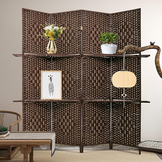 PayLessHere Room Divider 4 Panel Room Screen Divider Wooden Screen Folding Portable Partition Screen Wood with Removable Storage Shelves Color, Brown-Ruum Studio Home