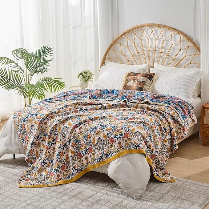 Fall Boho Throw Blanket for Bed, Muslin Reversible Blanket Washable Breathable,100% Cotton Lightweight 4-Layer King Size Throw Blanket for Bed,90"x98"-Ruum Studio Home