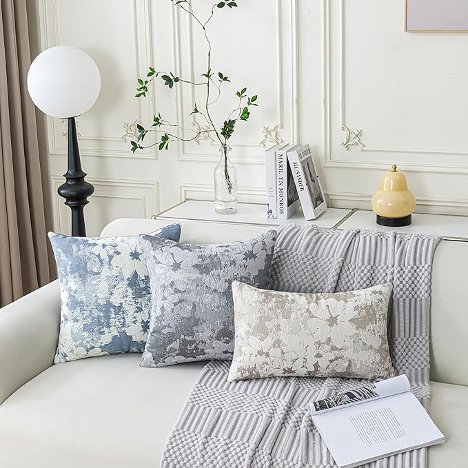 Jacquard Throw Pillow Covers 12x20 Inch Set of 2 - Vintage Floral Boho Pillow Cases with Botanical Pattern | Farmhouse Decor for Couch | Soft Textured Neutral Trio Light Khaki Warm Beige 12" x 20"-Ruum Studio Home