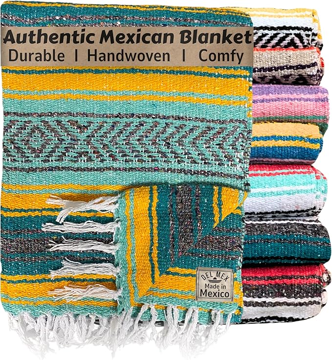 Del Mex Classic Mexican Blanket, Large Authentic Woven Falsa Throw (70"x50"), Artisan Southwest Décor for Beach, Yoga, Outdoors (Teal/Yellow)-Ruum Studio Home