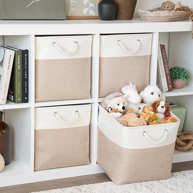 OrganiHaus 13x13 Cube Storage Bins 4 Pack, Foldable Cube Storage Organizer w/ Rope Handles, Collapsible Fabric Bins for Toys, Clothes & Closet Organization, Fabric Square Baskets - Beige/White-Ruum Studio Home