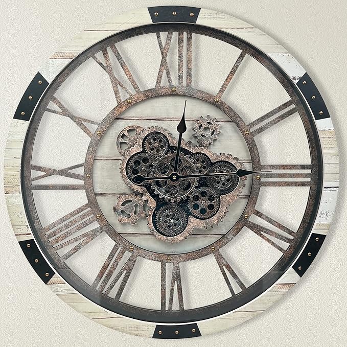 DORBOKER 24" Large Wall Clock with Moving Gears,Oversize Vintage Industrial Rustic Farmhouse Clocks for Living Room Decor Office Home,Solid Wood Retro Metal HD Tempered Glass Cover,Desert Beige-Ruum Studio Home