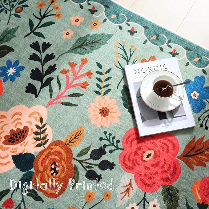 Round Rug 4ft Washable Circle Rug Non Slip Low Pile Boho Floral Small Circular Rug for Bedroom, Bathroom, Entryway, Kids Room, Office, College Dorm(Green)-Ruum Studio Home