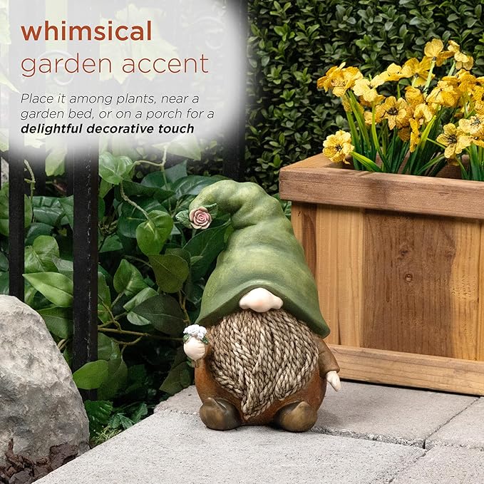 Alpine Corporation QWR1442 Outdoor Gnome with Green Hat Holding a Flower for Garden, Patio, and Lawn, 10" H, Multicolor-Ruum Studio Home