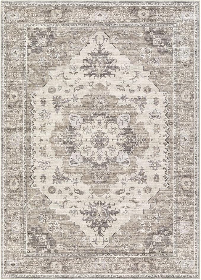 Washable Area Rugs for Living Room - 5x7 Neutral Vintage Distressed Floral Farmhouse Boho Large Soft Floor Rug Indoor Non Slip Carpet for Living Room Bedroom Dining Room Office -Brown/Beige-Ruum Studio Home