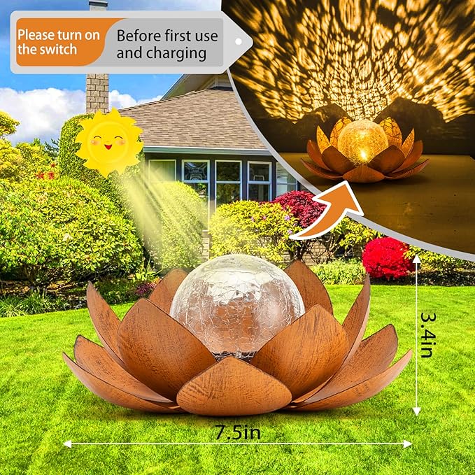 Solar Light Outdoor(2Pack), Art Crackle Globe Glass Lotus Decoration, Solar LED Waterproof Metal Flower Lights for Patio,Lawn,Walkway,Tabletop-Ruum Studio Home