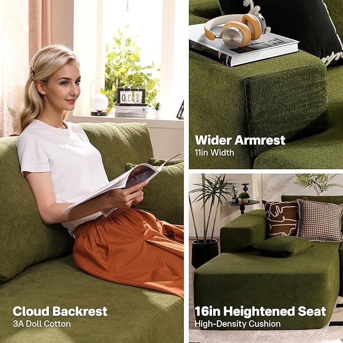 104" Cloud Sectional Couches for Living Room,L Shaped Boneless Couch in A Box,Sleeper Sofa with Comfy Chaise No Assembly Required,Green-Ruum Studio Home
