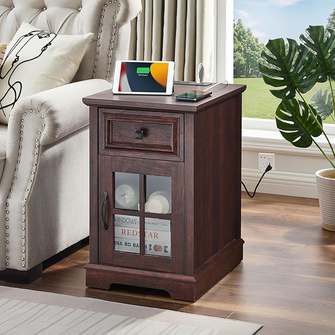 Farmhouse XXL End Table with Charging Station, Side Table with USB Ports and Outlets, Nightstand with Drawer and Glass Door Storage, Cherry Bedside Tables for Living Room, Bedroom, Office-Ruum Studio Home