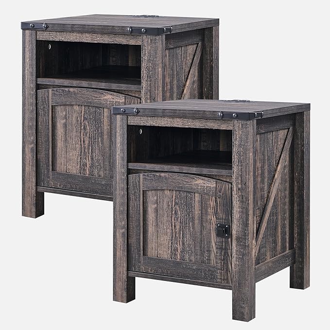 OKD Nightstand with Charging Station Set of 2, 18 Inchs Farmhouse End Table with Adjustable Storage Shelf, Rustic Wood Sofa Side Table for Bedroom-Ruum Studio Home