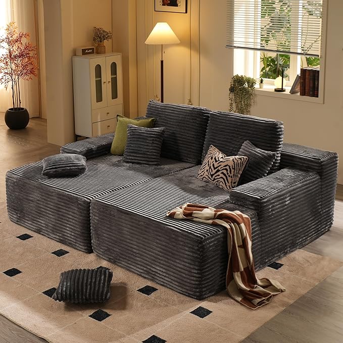 ovios 81" Oversized Sectional Double Lounge Chaise with Cloud Plush Sofa Bed, No Assembly Required, Fluffy Modern Sleeper Loveseat Chair for Indoor Living Room Bedroom Reading, Grey (Plush Fabric)-Ruum Studio Home