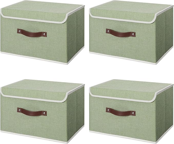 ANMINY 4PCS Storage Bins with Lid PU Leather Handles Storage Boxes PP Plastic Board Decorative Foldable Lidded Cotton Linen Fabric Home Cubes Baskets Closet Organizer Containers - Green, Large Size-Ruum Studio Home