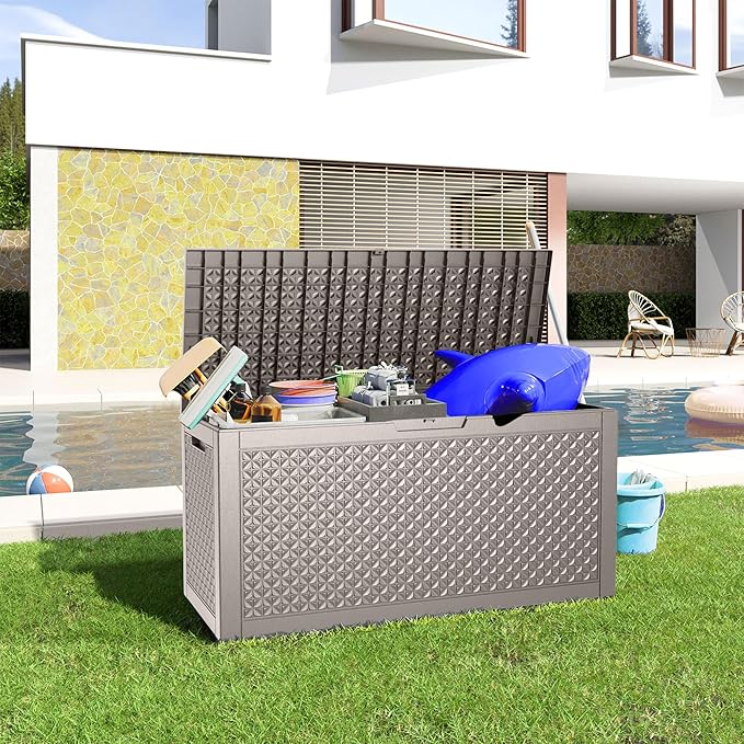 100 Gallon Resin Deck Box, Lockable Outdoor Storage Box for Patio Cushions Storage Furniture,Garden Tools, Pool Supplies, Weatherproof and UV Resistant (Grey L)-Ruum Studio Home