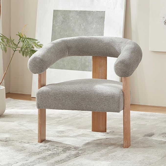 VKNOW Accent Chair Living Room Chair, Modern Upholstered Armchair with Solid Wood Legs, Comfy Barrel Arm Chairs for Living Room Bedroom, Light Grey-Ruum Studio Home