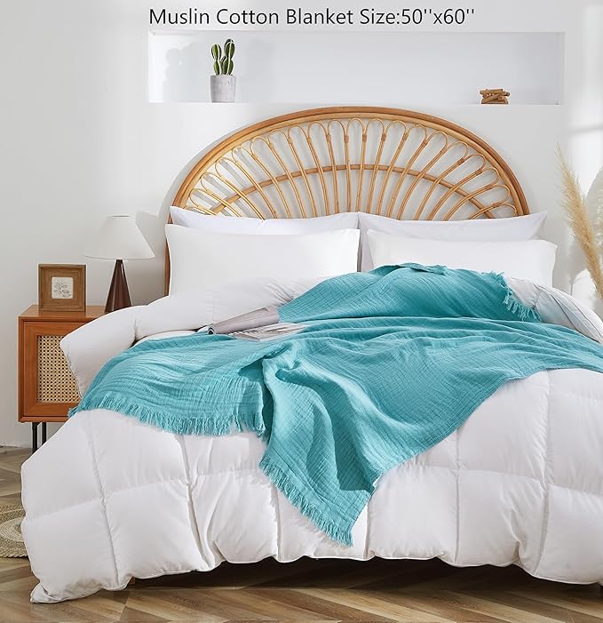 100% Cotton Muslin Throw Blanket for Bed, Couch, Small, Decorative, Soft, Pre-Washed, Breathable and Lightweight Gauze Blanket with Fringes, Suitable for All Seasons, Teal, 50"x60"-Ruum Studio Home