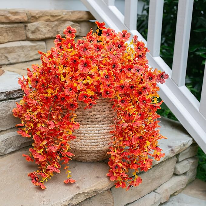 INSPRING Fall Artificial Flowers for Outdoors Fake Silk Flower, 2Pcs Red Orange Daisy Autumn Decor, Realistic Hanging Decoration Plants, UV & Fading Resistant for Porch Patio Balcony Planter-Ruum Studio Home