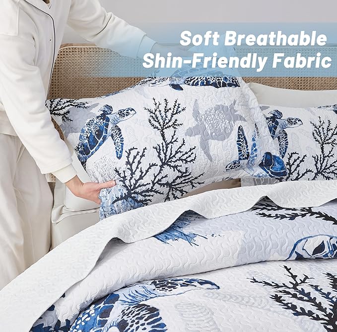 Coastal Bedding King Size Coastal Quilt with 2 Shams, Nautical Beach Comforter Sets Ocean Bedspreads Blue Seaturtle Coverlet Summer Bedding, 96''x106''-Ruum Studio Home