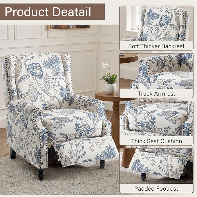 UIXE Pushback Recliner Chair, Push Back Accent Chair Fabric Upholstered Armchair for Living Room, Rivet Trim Home Theater Single Sofa Bedroom Reading Seat - Blue Plants-Ruum Studio Home
