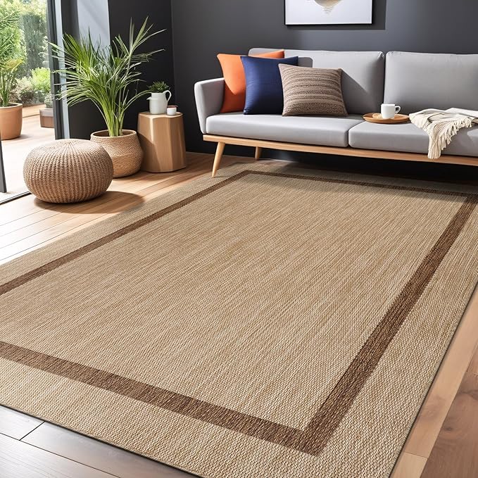 Bordered Outdoor Rug 5x7 Washable Outside Carpet for Indoor Patio Porch Waterproof Easy Cleaning Non Shedding Area Rugs Jute Beige - Nut Brown 5 x 7-Ruum Studio Home