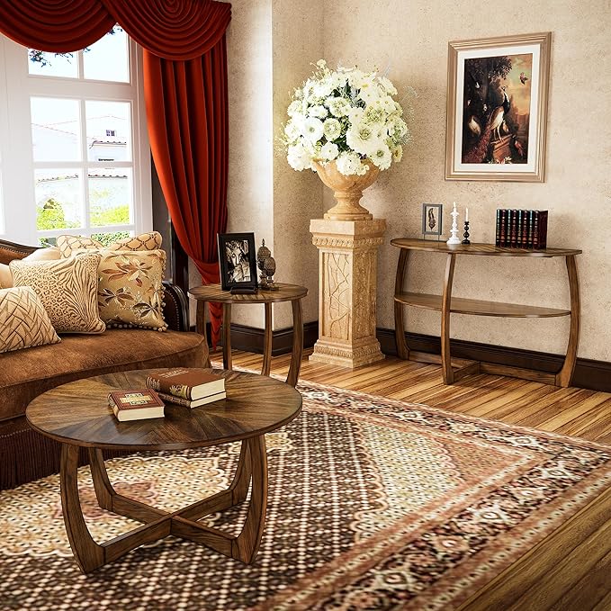 PADMA HOUSE Round Wood End Table with Curved Legs, Drum Circle Side Table with Snowflake Tabletop, Rounded Wooden Sofa Side Table, Brown Walnut Wood Tabletop & Legs 23.6" x 21.7"-Ruum Studio Home