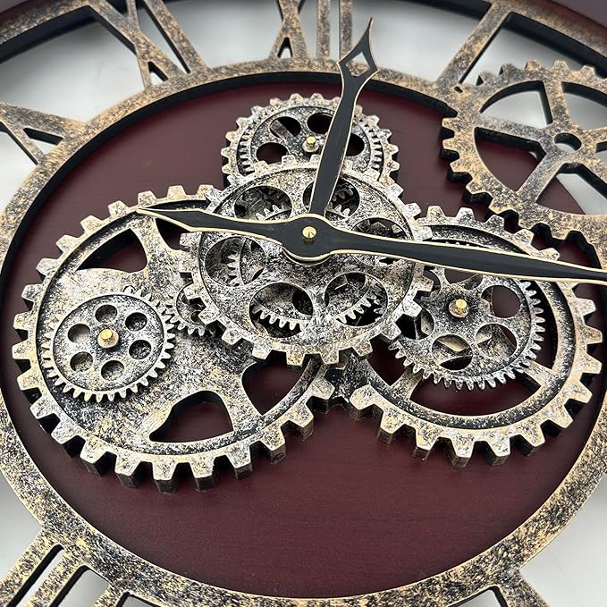The B-Style Large Wall Clock 24 inch Moving Gear Wall Clock Oversized Vintage Farmhouse Wall Clocks for Living Room Decor Rustic Industrial Wood Clock (Cherry red and Bronze)-Ruum Studio Home