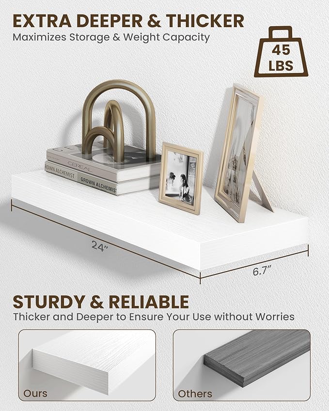 Marsmiles 24" Floating Shelves for Wall, Wooden Shelves with Invisible Brackets Set of 2, Rustic Farmhouse Wall Mounted Shelf for Kitchen Bathroom Living Room Study, White-Ruum Studio Home