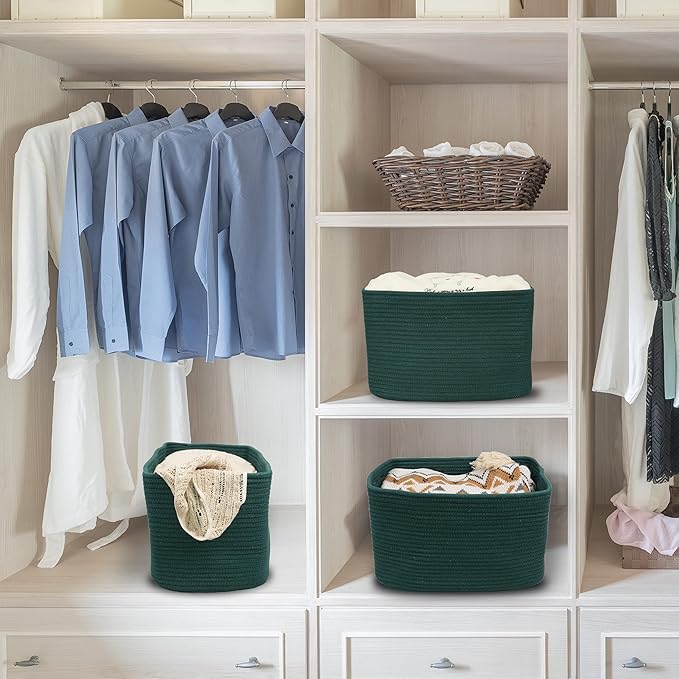 Cotton Rope storage Basket Bins14.5X9.5X9.3“ Basket for Organizing Shelves Rectangle Decorative Baskets For storage Clothes Toys Books Towels Square Wicker Nursery basket organizer 3 pack Dark green-Ruum Studio Home
