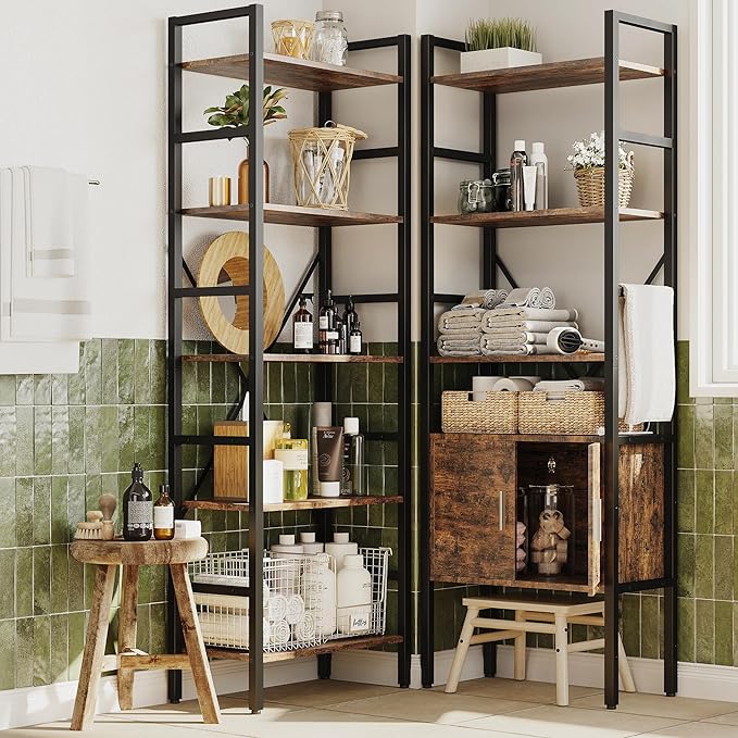 70 x70" Triple 5 Tier Book Shelf, Industrial Large Bookcase with Storage Cabinet, Tall Bookshelf with 14 Open Display Shelves Metal Frame Furniture for Living Room Bedroom Home Office Rustic Brown-Ruum Studio Home