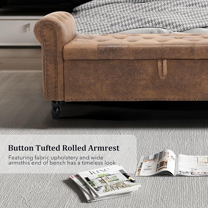 Furniliving 55” End of Bed Bench, Bedroom Bench with Button-Tufted, Large Upholstered Storage Ottoman Entryway Bench with Storage Shoe Cabinet Bench, for Bedroom, PU, Coffee-Ruum Studio Home