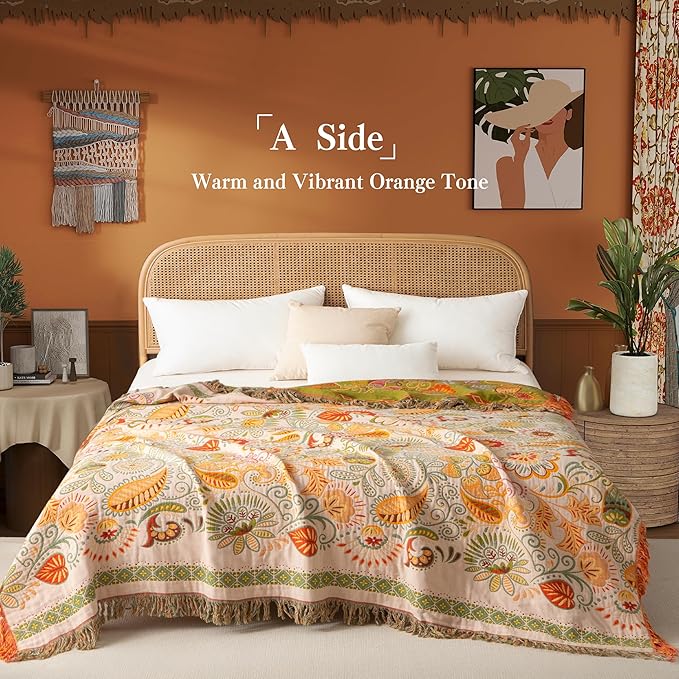 Boho Throw Blanket Queen Size, Oversized Soft Cozy Cotton Muslin Quilt Blanket for Bed Decor, Floral Patterned Couch Sofa Chair Cover, Vintage Farmhouse Cottage Woven Blanket, Coral&Green-Ruum Studio Home