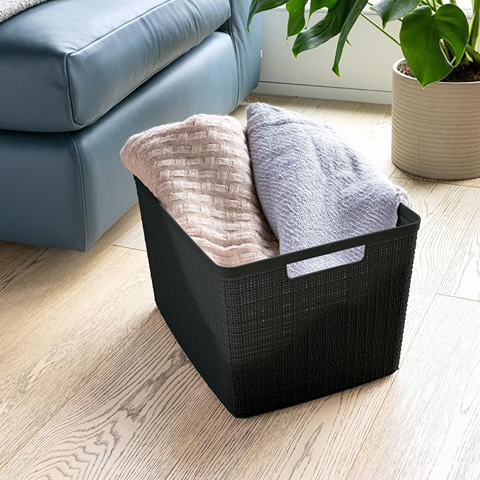 Curver Jute Large Decorative Plastic Organization and Storage Baskets, Perfect Bins for Home Office, Closet Shelves, Kitchen Pantry and All Bedroom Essentials, Pack of 4, Black-Ruum Studio Home