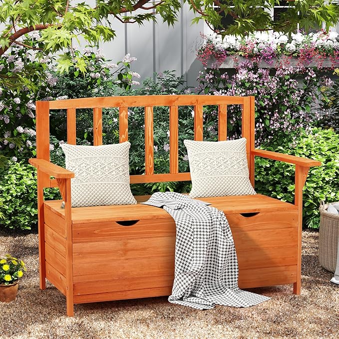 AVAWING Outdoor Storage Bench, Wooden Garden Bench Weatherproof, Patio Benches for Outside, 2-Seat Front Porch Bench, Park Bench for Deck, Lawn, Backyard(Natural)-Ruum Studio Home