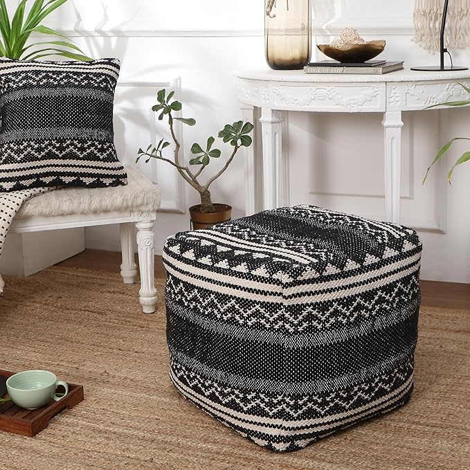 REDEARTH · Tufted Pouf Ottoman with Filler Textured Storage Cube Bean Bag Pouffe Footrest for Living Room, Bedroom, Nursery, Kidsroom; 100% Cotton (17.5"X17.5"X17.5", Ziggurat Obsession Black)-Ruum Studio Home
